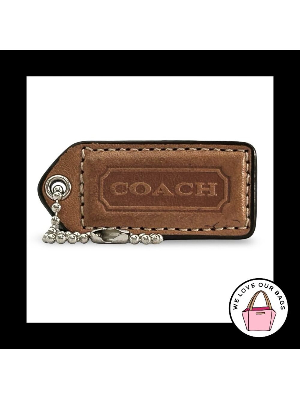 COACH Y2K VINTAGE Hang Tag 2" Brown Leather Bag Charm Keychain Fob Nickel Medium